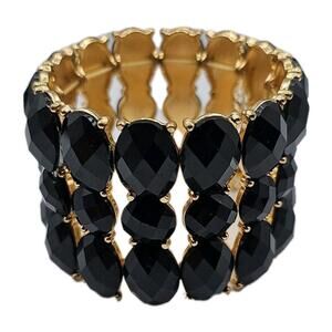 Gold Tone Stretch Cuff Bracelet Black Faceted Faux Stones